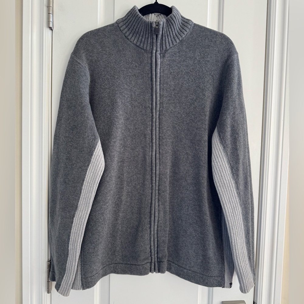 Eddie Bauer Knit Sweater Men XL Gray Cotton Full Zip Mock Neck Ribbed Layer